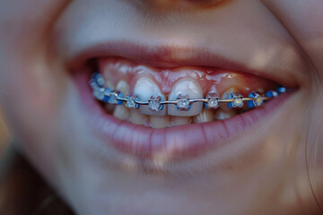 Close up of a persons smile with blue braces
