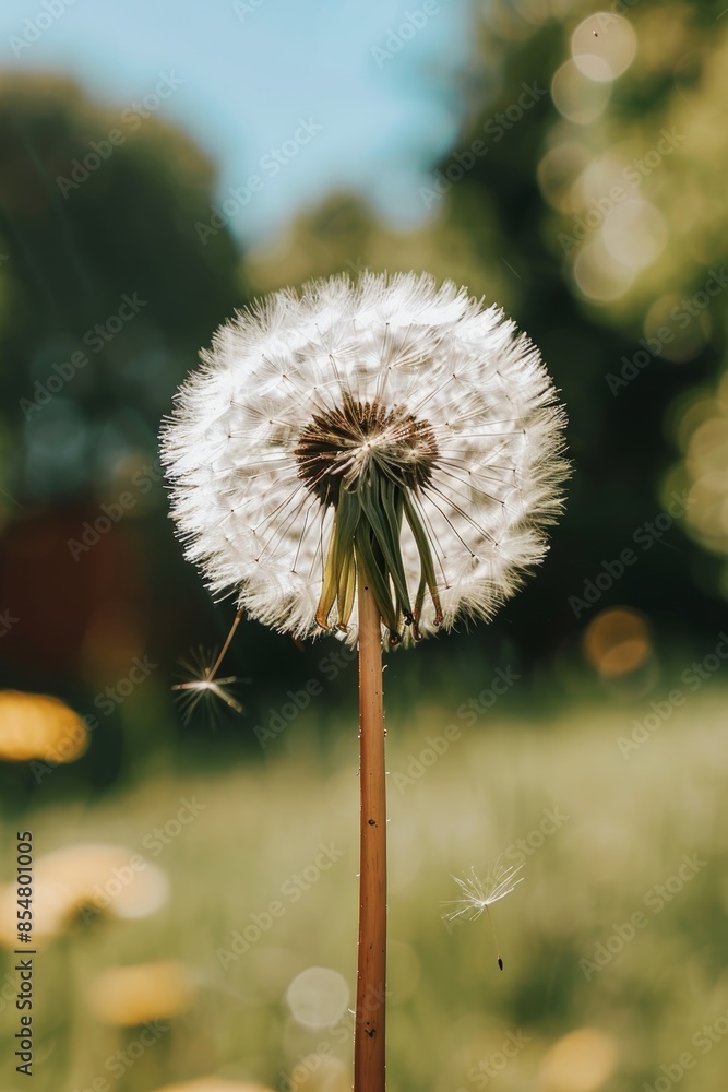 Poster dandelion seeds floating in air on soft blue background with mesmerizing bokeh effects
