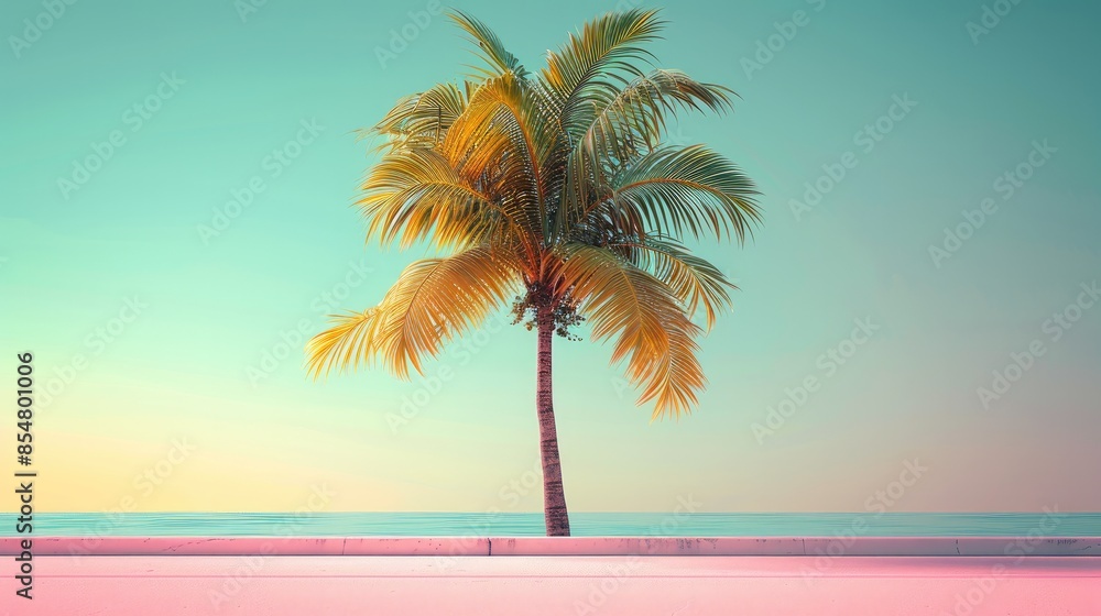 Poster A palm tree, separated, pastel color background. Generative AI.