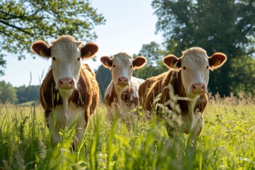 View from beside body of a three Simmental Cow standing on grass, Awe-inspiring, Full body shot ::2 low Angle View
