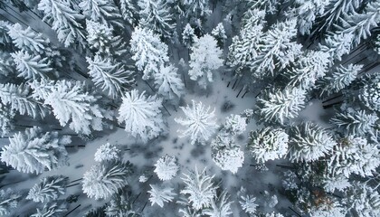 Aerial view of a snow-covered forest, a winter landscape background
