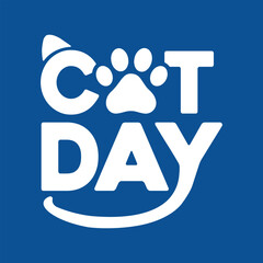 International Cat Day vector white with blue background typography illustration for poster print, postcard, banner, logo, sign, sticker, blog