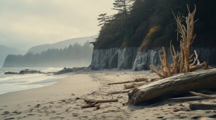 Beach of the ocean with rocks and trees in the background