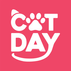 International Cat Day vector white with bright red background typography illustration for poster print, postcard, banner, logo, sign, sticker, blog