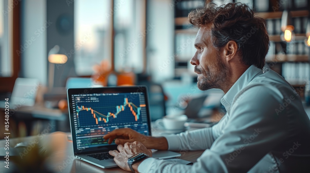Poster a professional analyzing financial data on a laptop in a modern office with natural daylight. genera