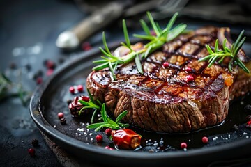 Succulent Grilled Beef Steak with Perfect Sear Marks - Rustic Plate, Dark Elegant Backdrop