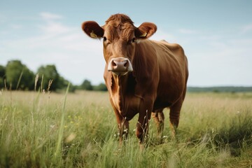 View from side body of a family Simmental Cow standing on grass, Awe-inspiring, Full body shot ::2 Side Angle View
