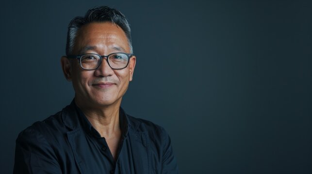 Professional portrait of a confident senior man smiling on dark background with copy space, for business and corporate use