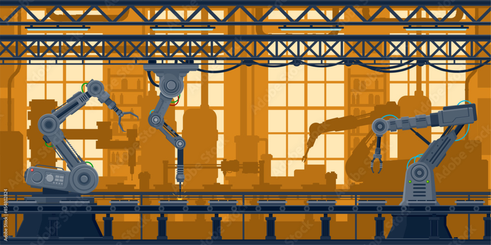 Fototapete Factory conveyor line with computer robots in technology industry, vector background. Production machine with robotic arms on factory conveyor belt, machinery assembly process of automated manufacture