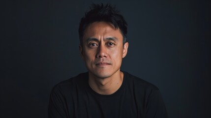 Fototapeta premium Portrait of a serious man in a dark setting, gazing directly at the camera with a neutral expression