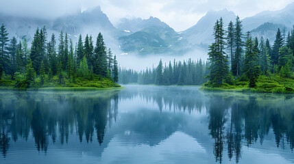 Obraz premium Breath taking landscape with misty lake in mountain