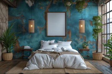 Bohemian Bedroom with Hanging Plants and Colorful Wall Art Mockup