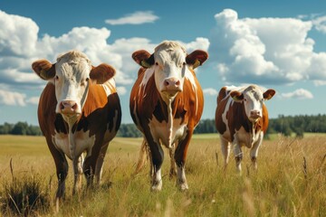 View from side body of a three Hereford Cow standing on grass, Awe-inspiring, Full body shot ::2 low Angle View