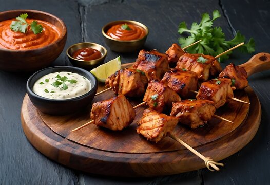 Chicken tikka kebabs, marinated in spices and yogurt then roasted in tandoor or barbeque