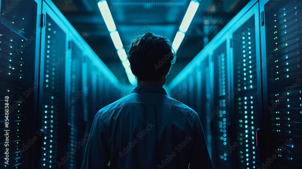 Aufkleber a lone technician walks down an aisle of glowing server racks in a data center. the blue lights cast