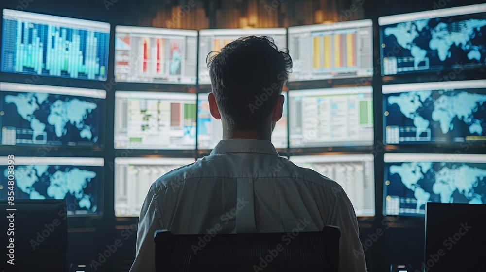 Poster a man sits in front of a wall of monitors displaying data and graphs, analyzing market trends.
