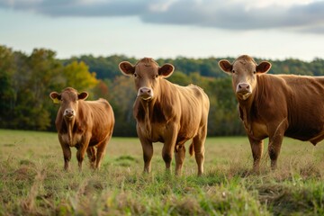 View from side body of a three Limousin Cow standing on grass, Awe-inspiring, Full body shot ::2 low Angle View
