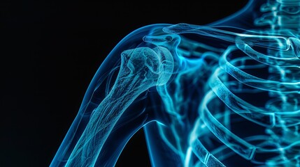 A translucent blue image of the human shoulder bone and upper arm bone.  A close up of the anatomy.