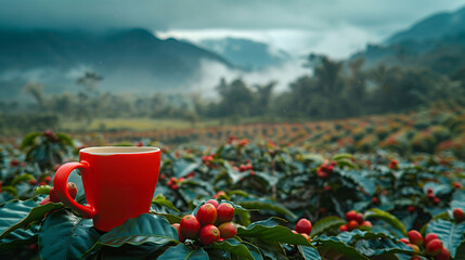 A red cup of coffee takes center stage amidst a panoramic coffee plantation and towering mountains. Ultra-realistic worm's eye perspective. #coffee #plantation #mountains #ultrarealistic #wormseyeview