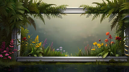Design an elegant frame background with lush ferns and colorful wildflowers growing symmetrically along the edges