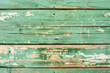 Fototapeta premium Distressed green wood background with peeling paint and rustic texture: Vintage and eclectic, perfect for rustic or garden themes, the green wood with peeling paint creates a charming and unique look