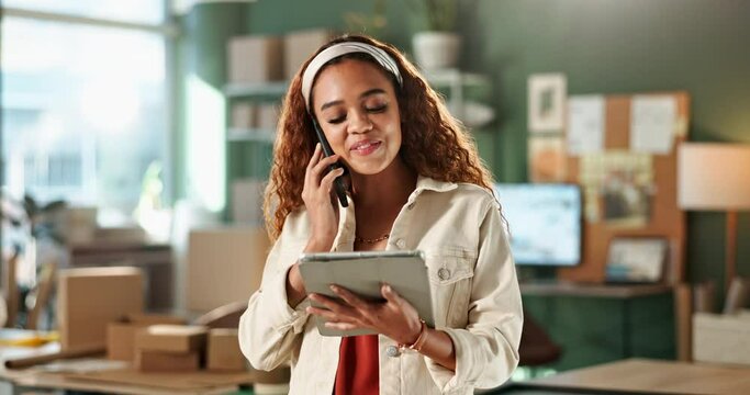 African woman, boxes and phone call for courier service, logistics and e commerce inventory with b2c support. Entrepreneur or business owner laughing on digital tablet or mobile for online shop sales