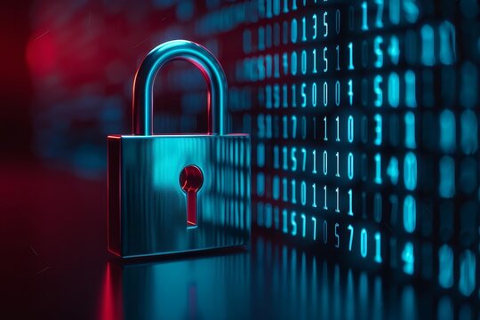 Closeup of a metal padlock with a digital code background.