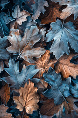 A close up of a pile of leaves with some of them being blue and some brown
