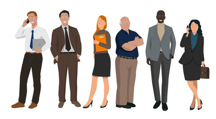 illustration représentant une équipe au travail,  des personnages de races différentes, d'âges différents, hommes ou femmes d'affaires, employés dans des entreprises, patrons et businessman	