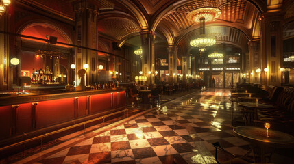 Obraz premium A dimly lit, grand bar with a checkered floor, ornate gold detailing, and a polished wooden bar