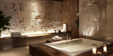 Elegant modern bathroom with a spa-like atmosphere. Stone walls, wooden accents, and a large bathtub. Soft lighting, plush towels, and minimalist decor.
