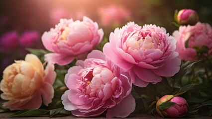 Fototapeta premium Pink and peach peonies bloom in a lush garden setting