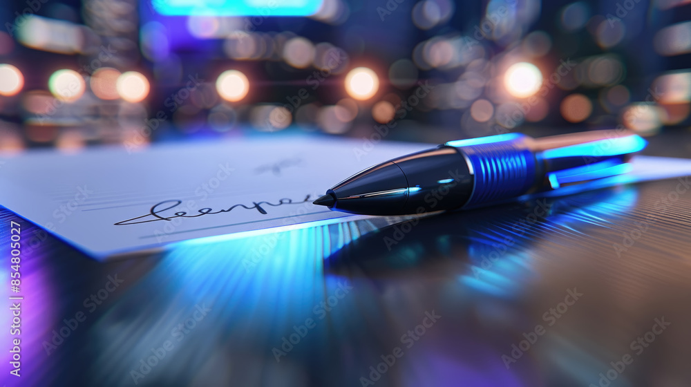 Poster a blue light pen rests on a signed document, illuminated by colorful bokeh lights in the background
