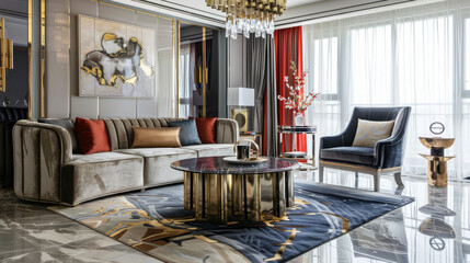 Elegant modern living room with a luxurious, high-end design. Marble flooring, a velvet sofa, and a glass coffee table with gold accents. Large chandelier, floor-to-ceiling windows with velvet drapes,
