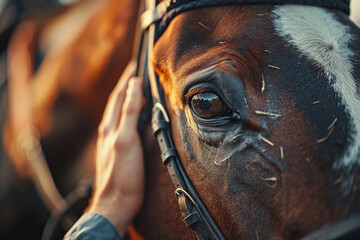 A male hand stroking a brown horse head. Close up portrait of a horse.