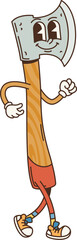 Cartoon ax retro groovy travel camp and tourism character. Isolated vector axe camping tool personage with friendly face on its blade and wood handle, wears colorful sporty shoes ready for woodcutting