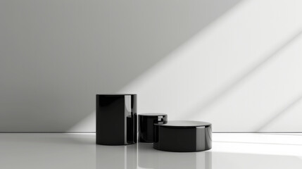 Glossy black product display podium on a white background: Clean and modern, perfect for minimalist designs or luxury items, the black podium and white background create a striking and sophisticated