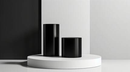 Glossy black product display podium on a white background: Clean and modern, perfect for minimalist designs or luxury items, the black podium and white background create a striking and sophisticated