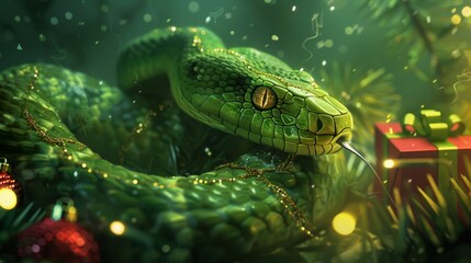 Fototapeta premium Green Snake with Christmas Decorations, Generative AI