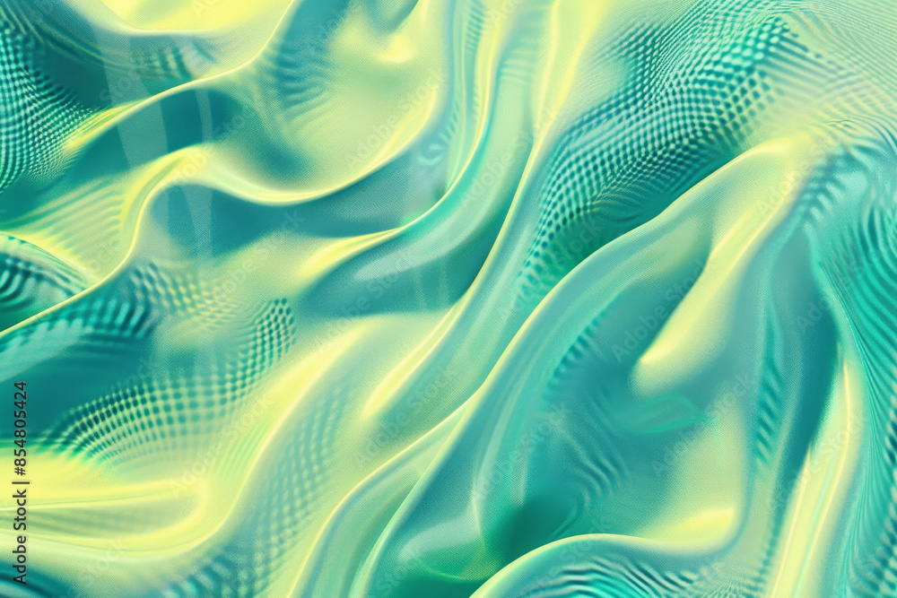 Poster gradient teal and lime green background with holographic wave textures: ethereal and modern, great f