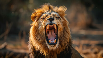 Dangerous roaring lion, wild African predator close-up