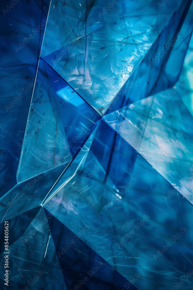 Poster iridescent geometric patterns on a bright blue background: mystical and modern, ideal for sci-fi or 