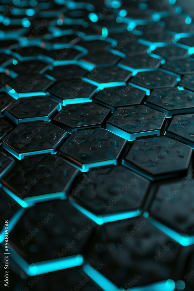 Poster matte black surface with glowing cyan hexagonal patterns: bold and mysterious, great for sci-fi or m