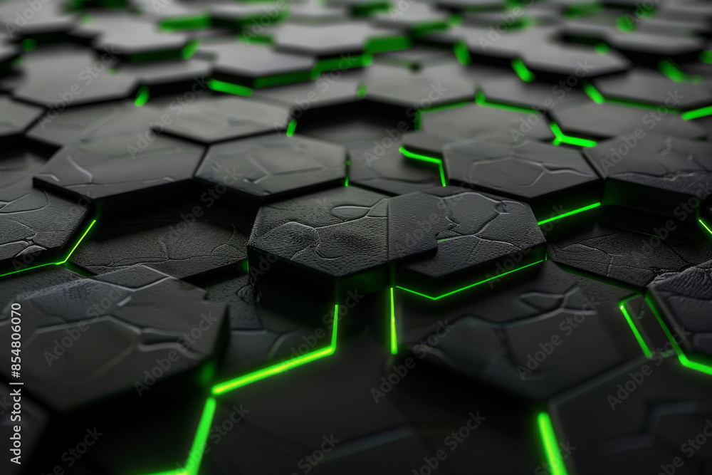 Poster matte black surface with glowing green hexagonal patterns: bold and mysterious, perfect for sci-fi o