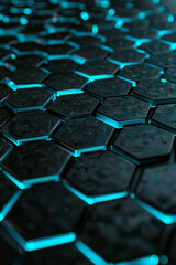 Fototapeta premium Matte black surface with glowing cyan hexagonal patterns: Bold and mysterious, great for sci-fi or modern designs, the black surface and cyan hexagons create a striking and advanced look