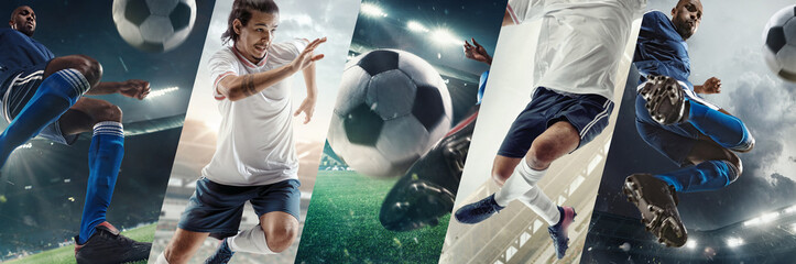 Dynamic and intense game. Collage. African-American male soccer players in motion on stadium, playing, competing for victory. Concept of sport, competition, tournament, game. Banner for event