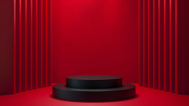 Matte black product display podium on a red background: Bold and dramatic, perfect for luxury items or striking designs, the black podium and red background create a powerful and attention-grabbing