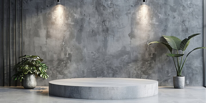 Matte grey concrete product display podium on an urban industrial background: Rugged and contemporary, ideal for industrial-style home decor or tech gadgets, the concrete podium blends seamlessly with