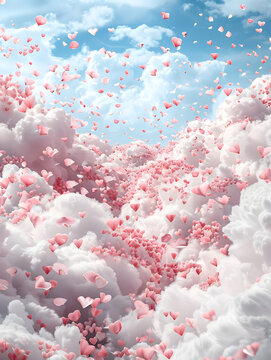 Pastel pink heart shaped balloon on blue sky and sunlight, with white clouds, romantic atmosphere