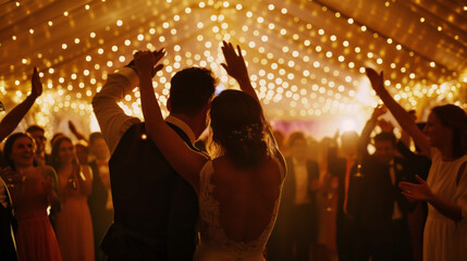 Bride and groom dancing under fairy lights with wedding guests celebrating indoors in a beautifully lit reception hall.